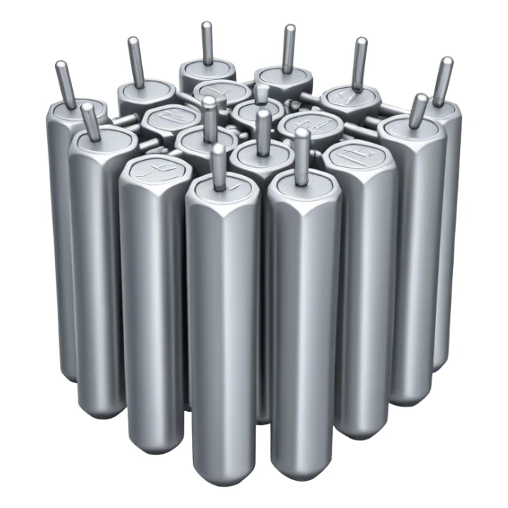 A bundle of thin uranium fuel rods used in a nuclear reactor, with a metallic silver or gray structure, cylindrical and slender rods, arranged in a hexagonal grid, realistic and industrial style, no green color, only metallic shades sticker