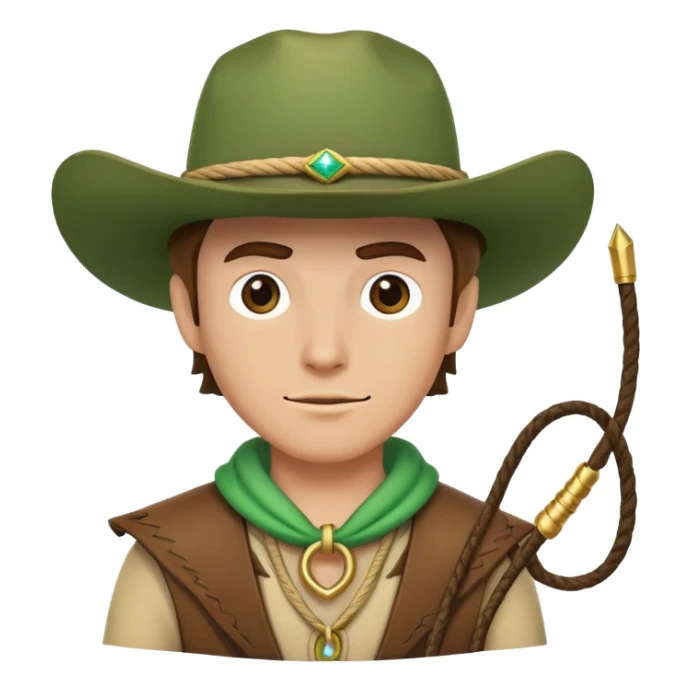 Cowboy character wearing a green hat with a lasso sticker