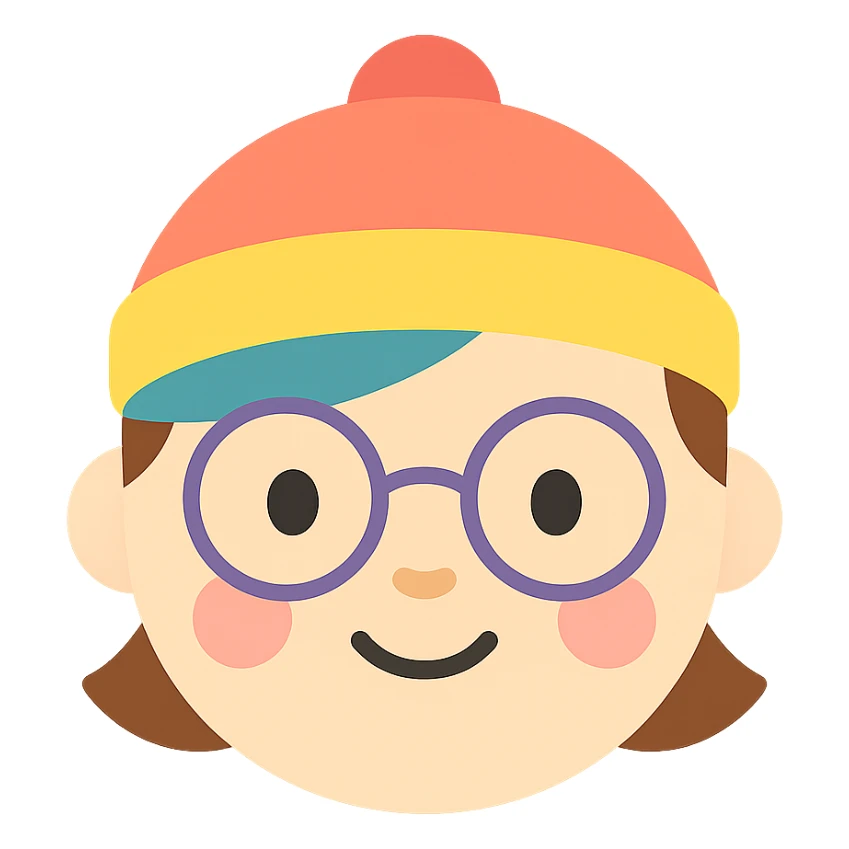 a face wearing a colorful hat and round glasses, cartoon style, cute expression, icon style sticker