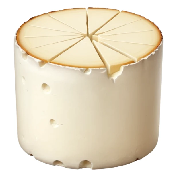 realistic goat cheese, cylindrical log or round slice, pure white, crumbly, smooth matte, thin pale rind, soft structured, cracks or uneven edges, no bread, herbs, plate, or faces, clean 3D, soft lighting, transparent background, emoji scale sticker