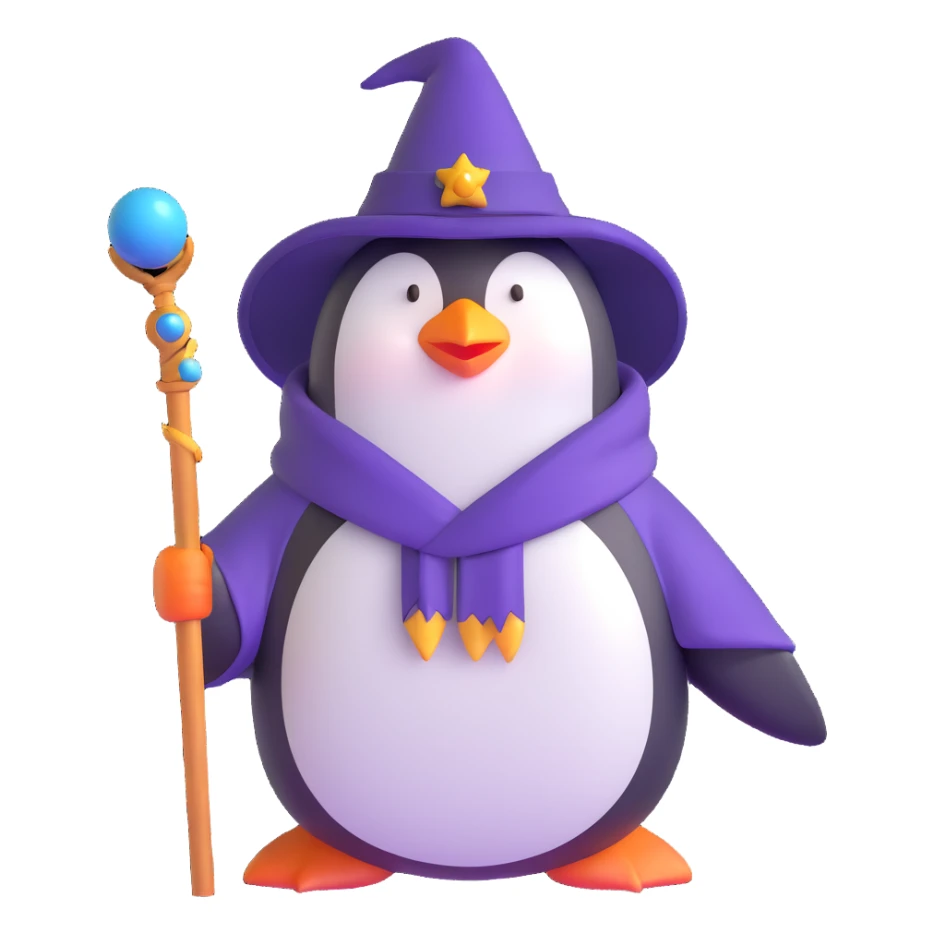 penguin wizard with staff and magical robe sticker