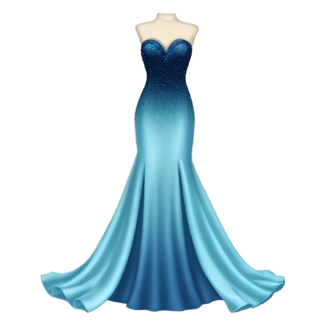 Realistic isolated long slim pastel blue formal party satin dress with gradient shiny sparkling navy blue diamonds embroidered on it. sticker