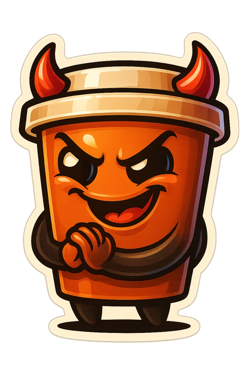 Tall coffee cup, devil horns, smirking, evil, rubbing hands together, laughing sticker