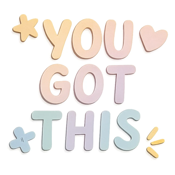 "You Got This" inspirational quote in soft pastel rainbow calligraphy, cute doodle style, gentle shadows, journaling stickers, transparent background sticker