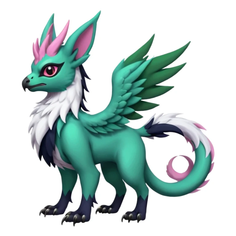 Dark-deep-Emerald-green gryphon-Trico-Nargacuga-Absol-Leafeon-Sprigatito-fusion-hybrid with a long tufted tail, black beak, pink accents, black claws, black tail, majestic, realistic, furry (full body) sticker