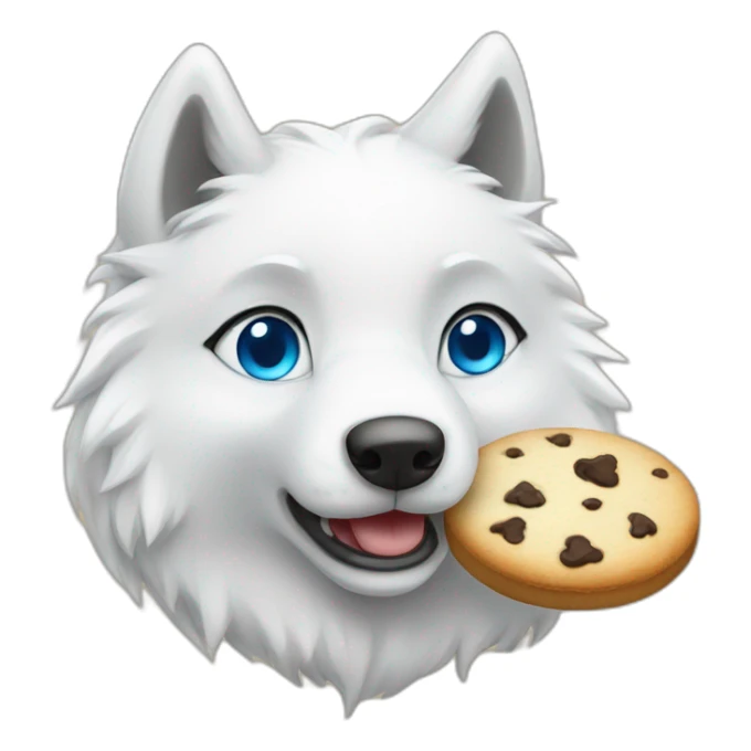 A cute white wolf with blue eyes, eating a single delicious cookie sticker