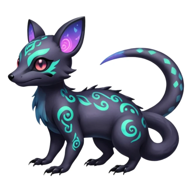 Rare neon iridescent white exotic cute epic aesthetic gothic colorful Salandit-Eevee-Civet-species-Fakemon-hybrid-creature, with intricate tattoo markings, full body sticker