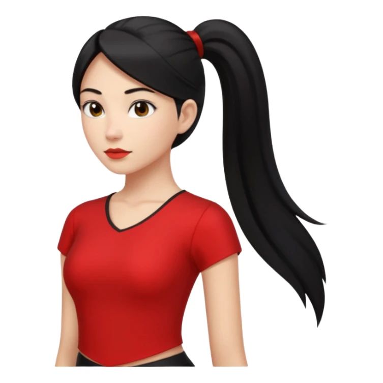Juni – Cewe Blak-blakan Kulit putih bersih, rambut hitam panjang sleek lurus, diikat half ponytail. Pakai atasan asymmetric merah terang . Pose tangan di pinggang, tatapan tajam percaya diri. sticker