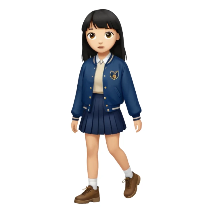 hair : black long hair with fringe 
skin : light 
outer : deep brown varsity jacket (oversize) 
skirt : navy long long school girl skirt (under knee)  
motion : walking alone 


 sticker