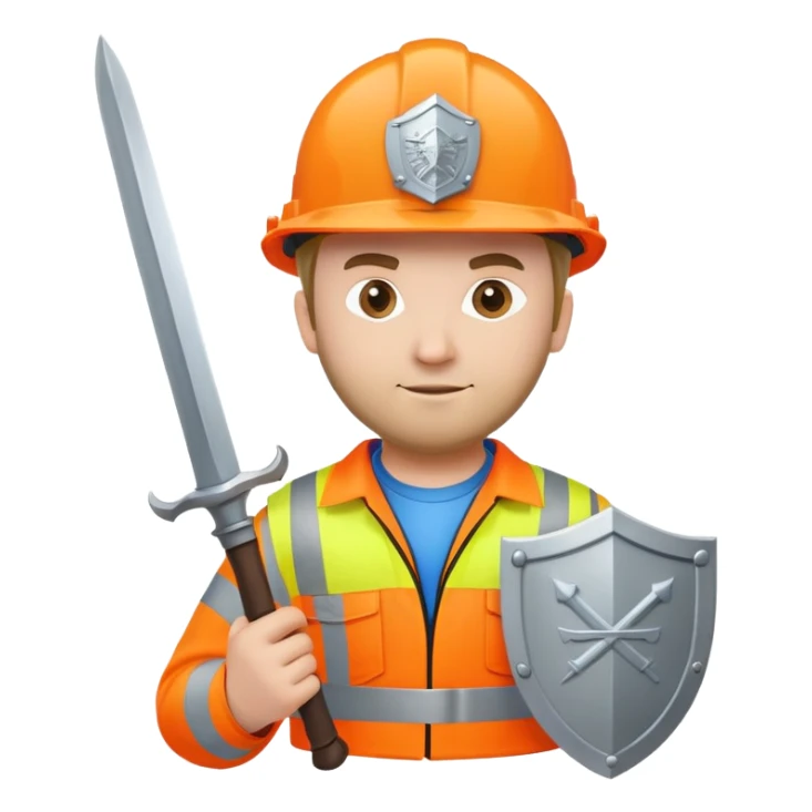 Telecoms engineer in orange hi vis and hard hat with sword and shield sticker