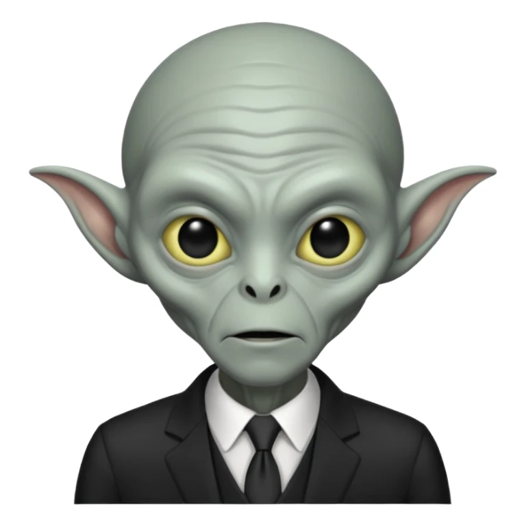 an old alien with black suit, grey skin, neutral sticker