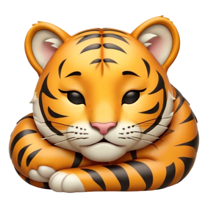 Meme-Worthy cute Sleeping Tiger Cub Portrait Emoji, Head resting peacefully with a contented smile, showcasing a luxuriously soft, striped form and eyes gently closed in serene slumber, Simplified yet comically adorable features, highly detailed, glowing with a soft, drowsy wild light, high shine, relaxed and utterly lovable, stylized with an air of playful laziness, bright and heartwarming, soft glowing outline, capturing the essence of a sleeping tiger cub that feels destined to become the next viral icon of adorable rest! sticker