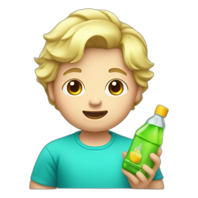Chubby blonde boy in a cyan shirt holding cookingoil sticker