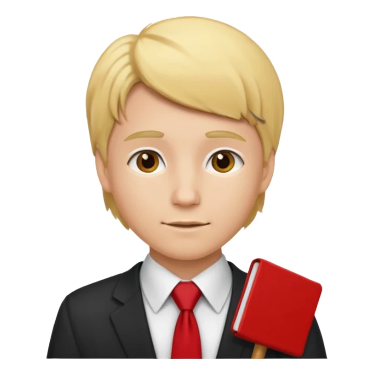 graduate student with red tie and blonde hair sticker