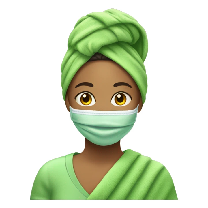 Mixed women with towel rapped around hair and green facemask on  sticker