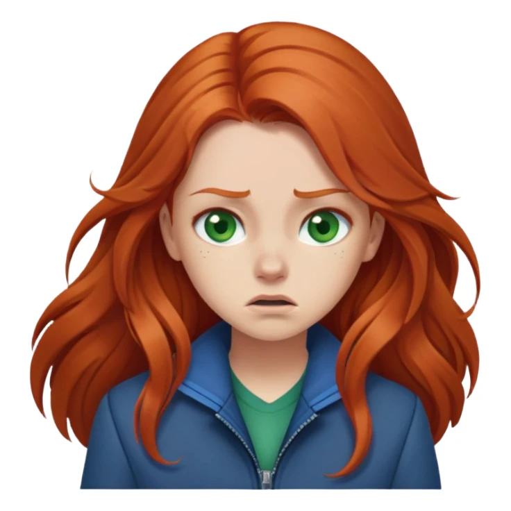 Redhead girl with long hair, green eyes, blue jacket, upset expression sticker