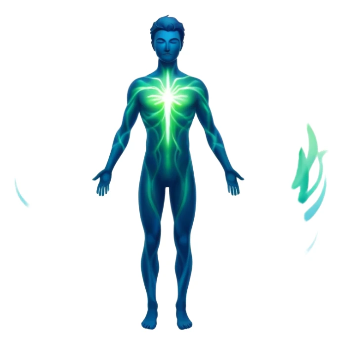 Masculine silhouette formed by radiating ethereal energy waves, abstract flowing aura in shape of man, minimalist sticker