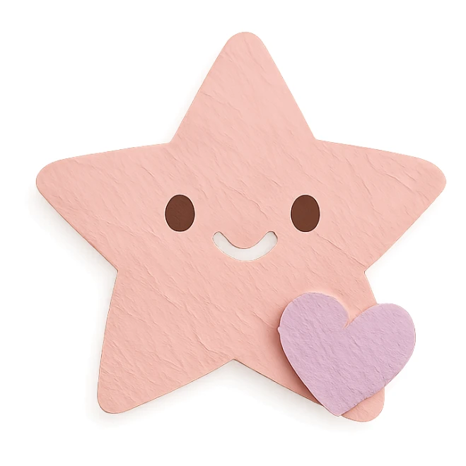 happy pastel pink star with a tiny pastel heart in front, no arms or legs, full body, transparent background, kawaii paper craft style sticker