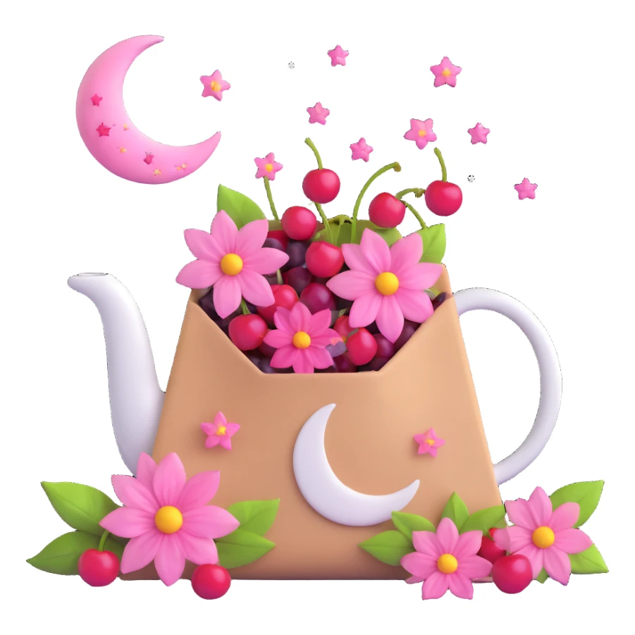 a tea bag with pink flowers, cherries, and a moon and stars, light blue background sticker