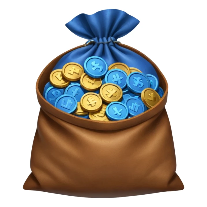 blue coins inside an opened brown money bag  sticker