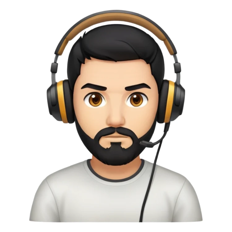 Serious gamer face with black hair, brown eyes, black beard, wearing gaming headset sticker