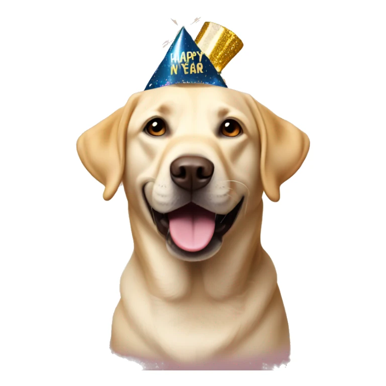 Labrador wearing new years eve Party hat with happy new year sticker