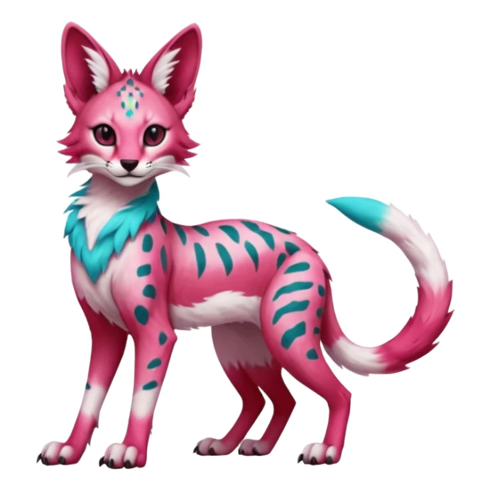 Epic complex detailed sanguine-red magenta pink white pastel realistic aesthetic-scenic-Fakémon-Trico-Sergal-Serval-Vernid-creature with cyan markings  sticker