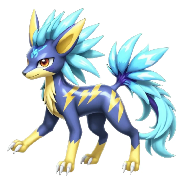 Shiny colorful exotic Feral Scaly Striking Slaying Badass Evil Handsome Lightning-patterned Zig-zagged buzzy fuzzy Meloetta-Renamon-Luxray-Cobalion-Suicune-Vernid-fusion-hybrid-creature, full body  sticker