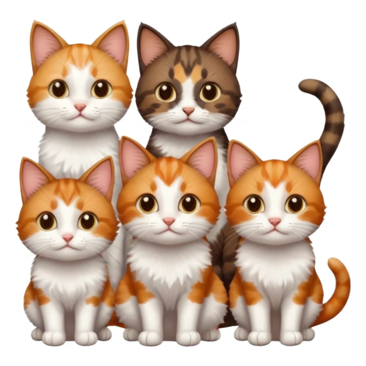 3 different coloured small cats including a dark brown tabby and white, and a patchy calico, and a ginger and white sticker