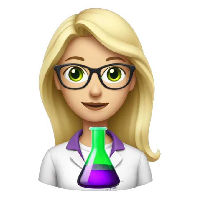 chemistry blonde woman holding a beaker containing a purple solution wearing glasses with green eyes sticker