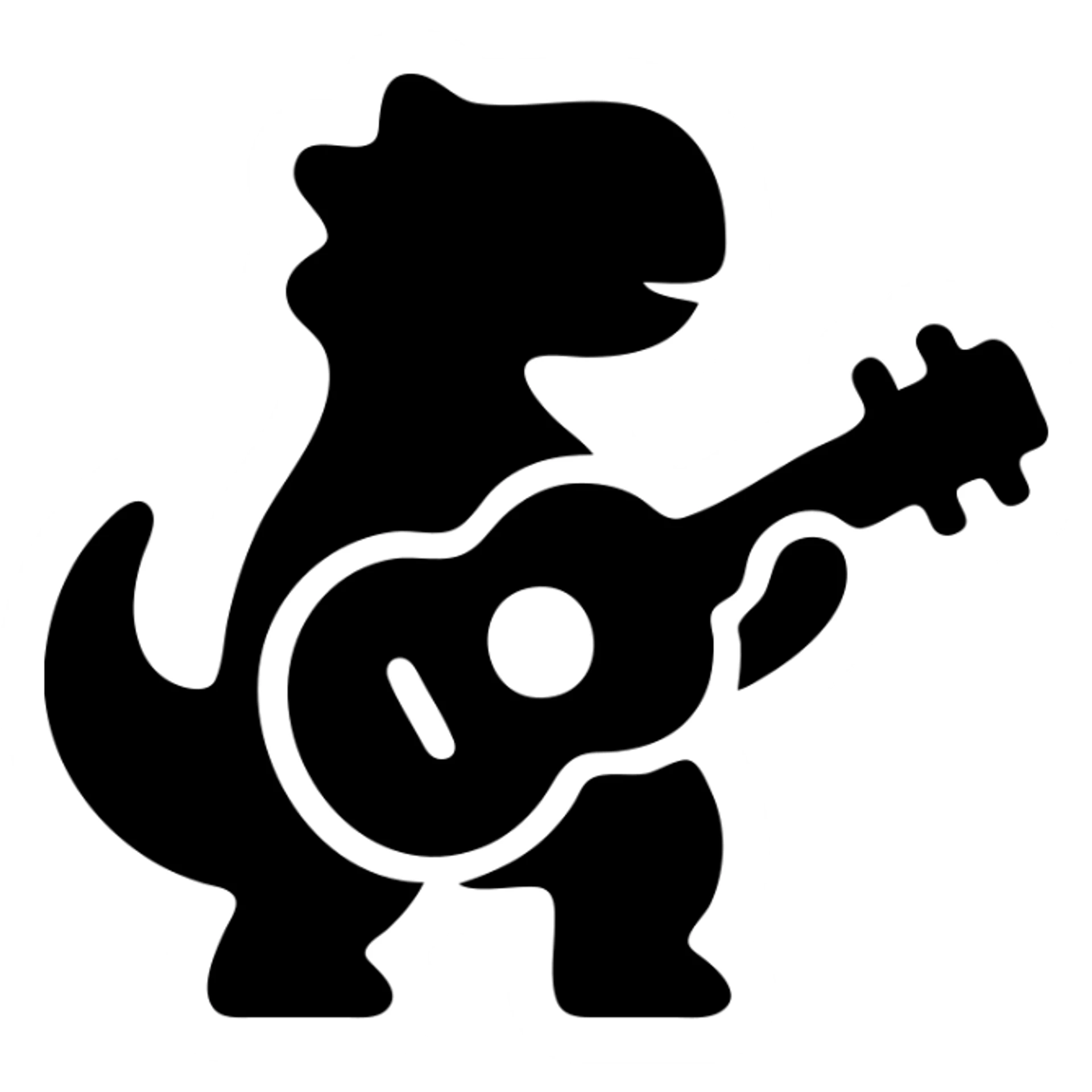 dinosaur playing guitar, solid black filled icon style, no color, bold silhouette sticker