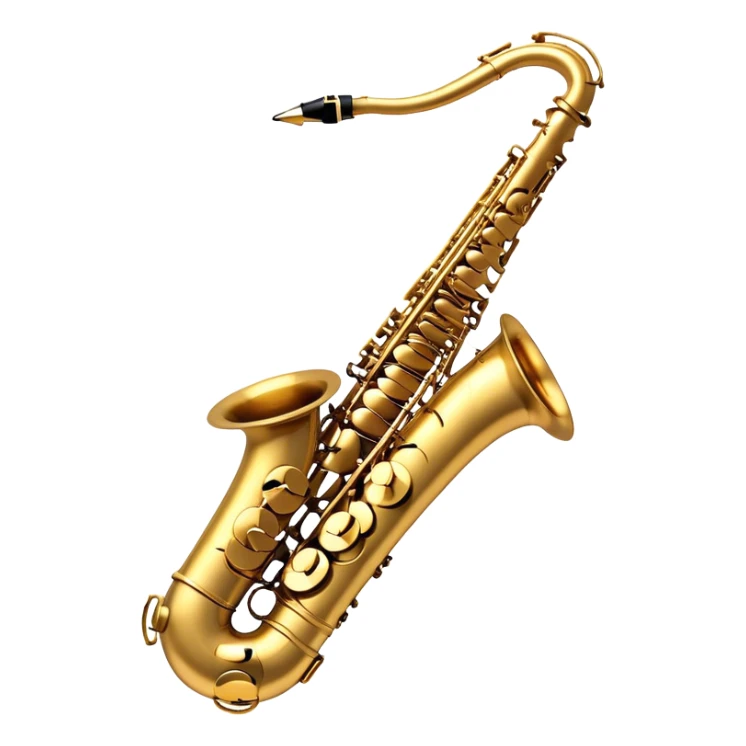 Create a sleek and sophisticated emoji representing the Selmer Super Action 80 Series II saxophone. The design should feature the smooth, golden brass body of the saxophone with its shiny keys and beautiful curves. Highlight the iconic bell of the saxophone and the fine details of the keywork, including the pads and springs. Include the mouthpiece at the top with a reed visible, capturing its essential role in sound production. Use rich gold and brass tones for the instrument with subtle light reflections to enhance its professional appearance. Add musical notes floating around the saxophone to evoke its smooth, jazzy sound. The background should be transparent. sticker
