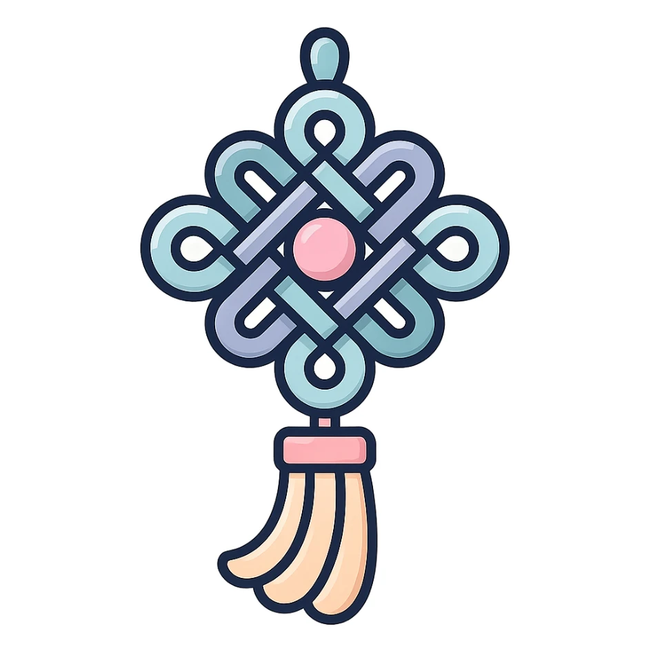 Chinese happiness knot with tassel, icon-color-outlined style, detailed shadows and highlights, thin clean contours, soft rounded shapes, pastel palette #98B5BC, #B5B3C1, #C9A3C9, #E4C0CA, #F7DCD1, #F7C0AA, modern Japanese pop art and sticker aesthetics, high detail, vector sharpness, soft lighting, transparent background sticker