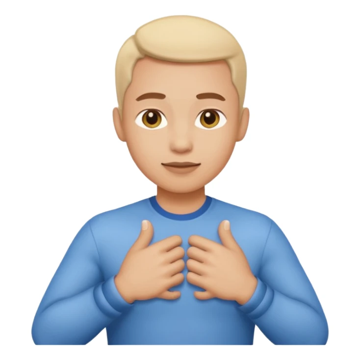cartoon-style character, finger touching chest, confident or expressive face, simple emoji-style, white background sticker