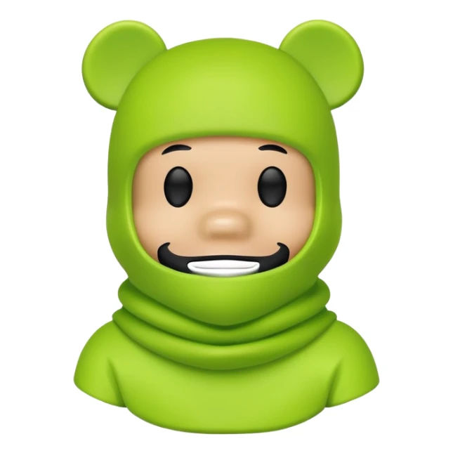 bearbrick toy wearing a lime green balaclava with relaxed but well-defined arched eyebrows visible above the mask sticker