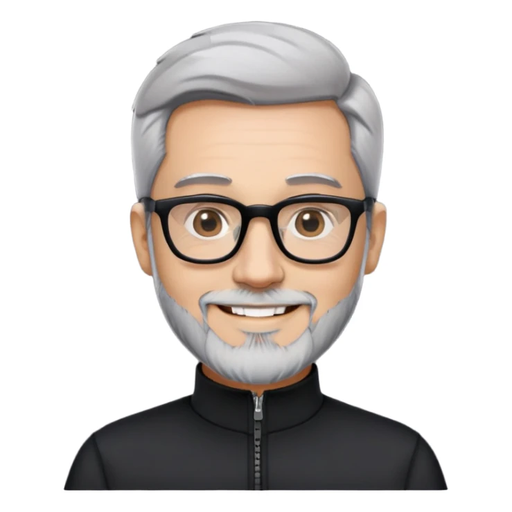 Man with light skin, short black hair styled up, short graying beard, large black-framed glasses, smiling face, black long sleeve mock neck shirt with zip sticker