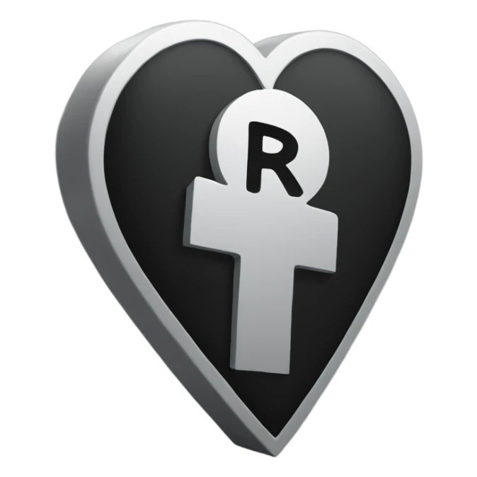a black grave with the letters RIP on a silver heart sticker