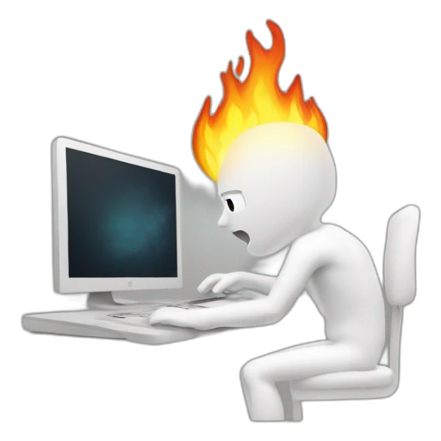 confused white human failing to use computer where the computer is on fire sticker