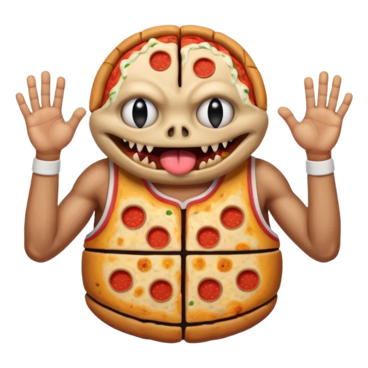 a glitch abomination with hands for a head, a baskeball stomach, pizza eyes sticker