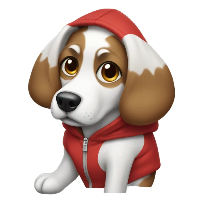 Dog wearing a hoodie with the colors black, white and red sticker