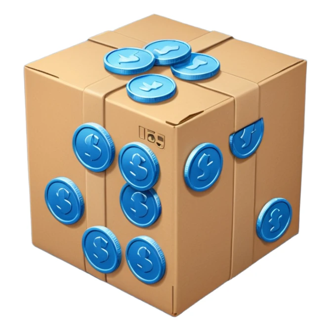 blue coins in a cardboard package sticker