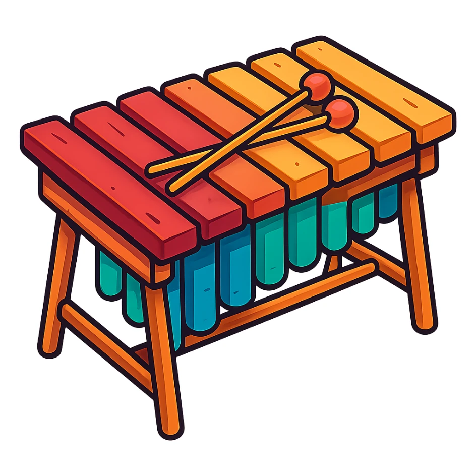 marimba de madera, instrumento musical, estilo cartoon colorido sticker