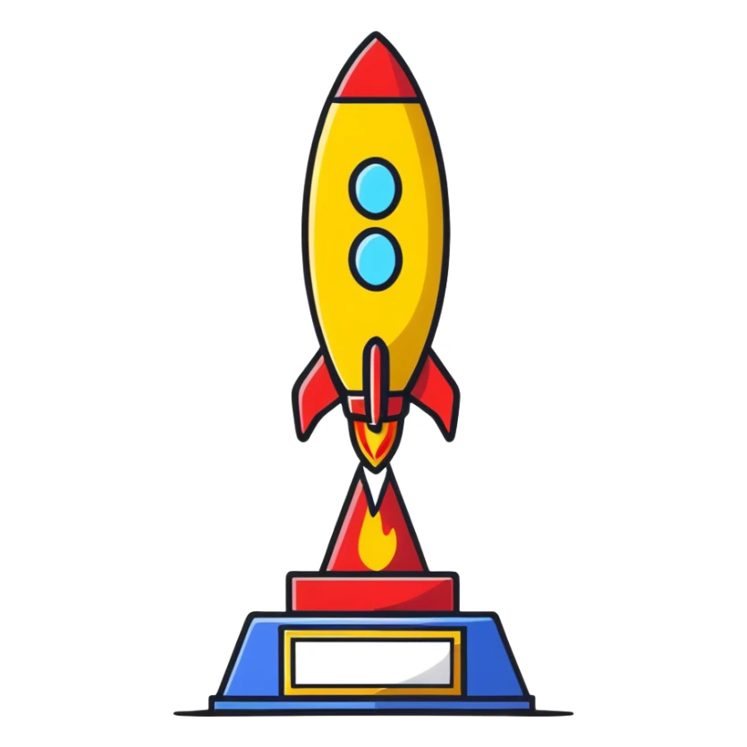 Golden rocket achievement award, shiny gold rocket on a trophy stand sticker