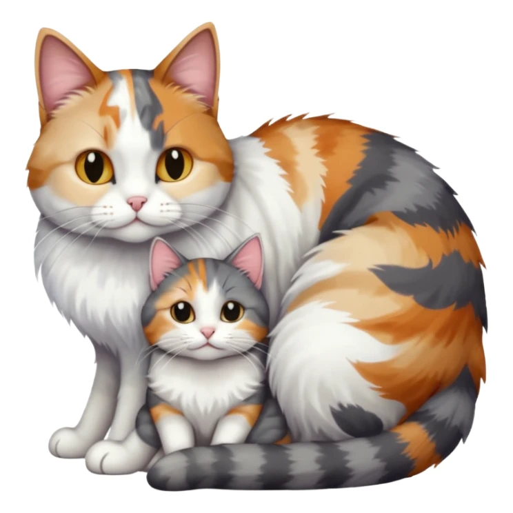 full body colourful light patched calico + white tabby cat cuddling a grey and white cat  sticker