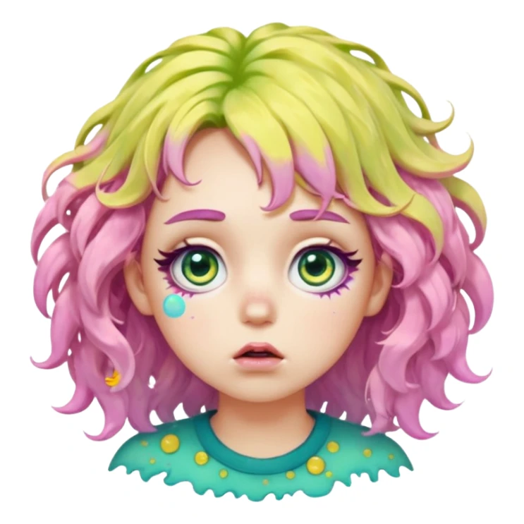messy, wavy chartreuse hair, with pink specks, bushy eyelashes, and big round eyes, with irises that are teal on the outside and yellow on the inside while making a pouty face saying pay attention to me in bubble words sticker