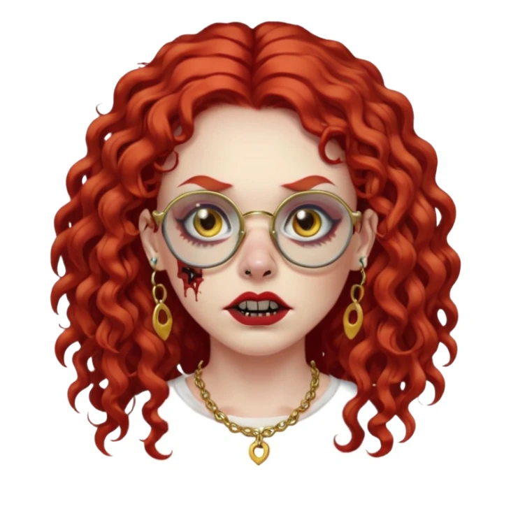 zombie with long red curly hair, thick lashes, black glasses, gold nose piercings on each nostril, and a gold eyebrow piercing. sticker