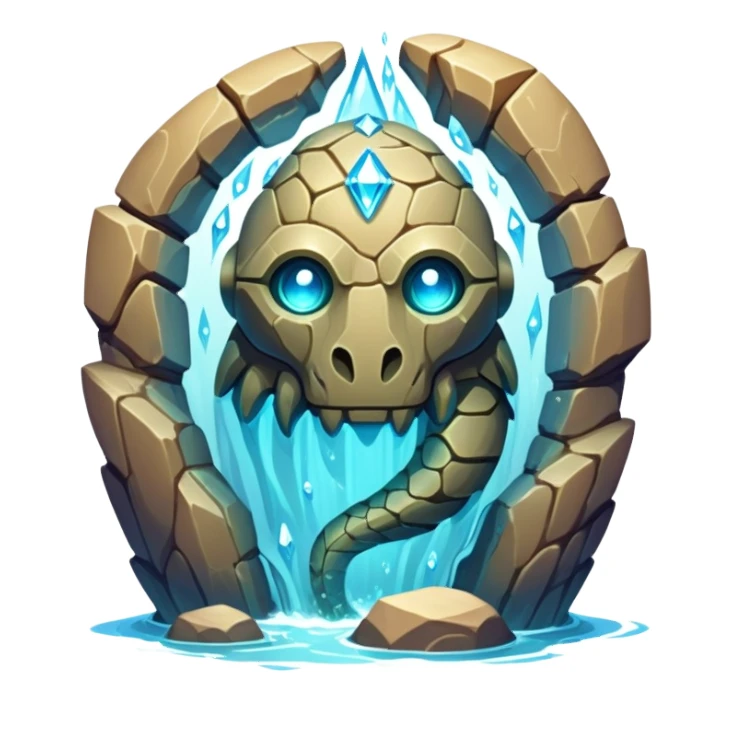 Design a unique elemental sandstone guardian golem creature that combines the crystalline rock golem's defensive fortitude with the spectral water serpent's fluid grace, perhaps creating a being with a segmented stone core that flows like water and channels ghostly aquatic energy through embedded gems. fluorescent bioluminescence between the cracks sticker