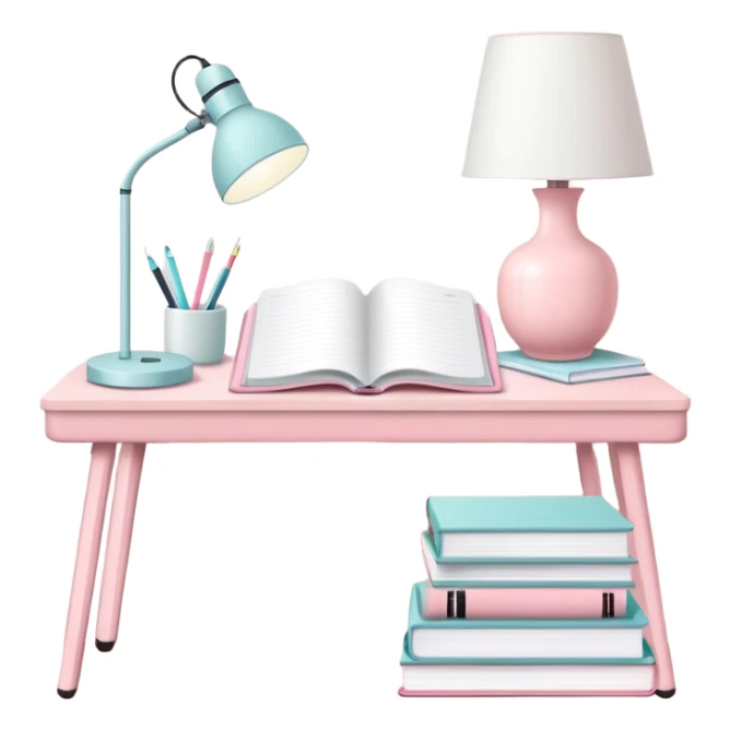 Pastel pink study desk with white lamp, open planner, and neatly stacked books sticker