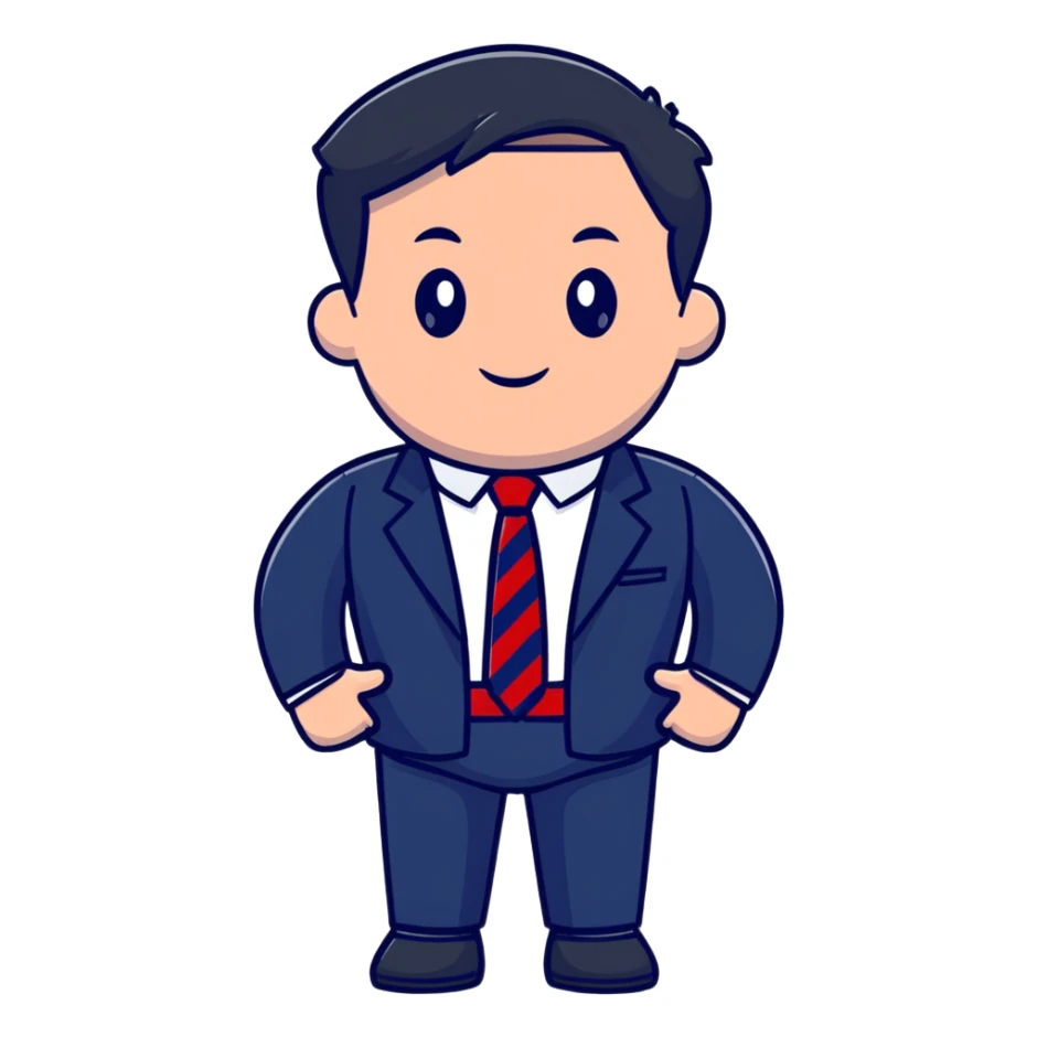 man wearing a dark blue-gray business suit with black horizontal stripes on the arms and legs, white shirt and red tie sticker