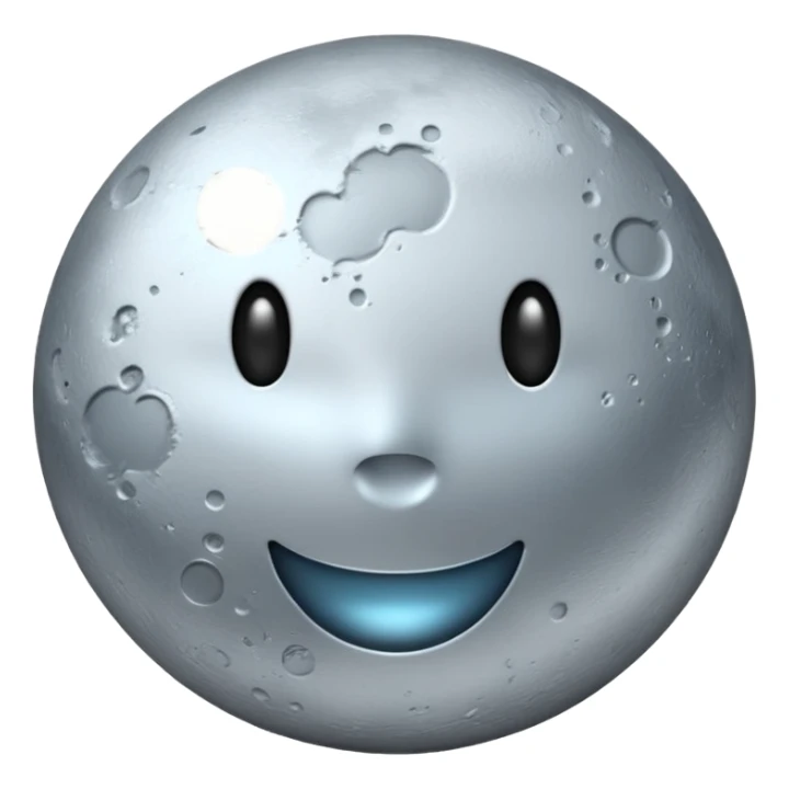 Polished silver moon emoji, chrome metallic texture, iOS emoji style, soft glow, smooth reflections, minimalistic design sticker
